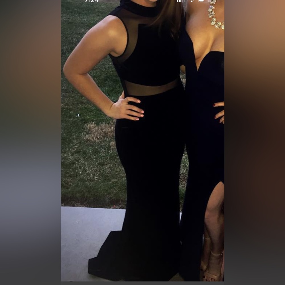 Velvet Navy Black Mesh Floor Length Gown